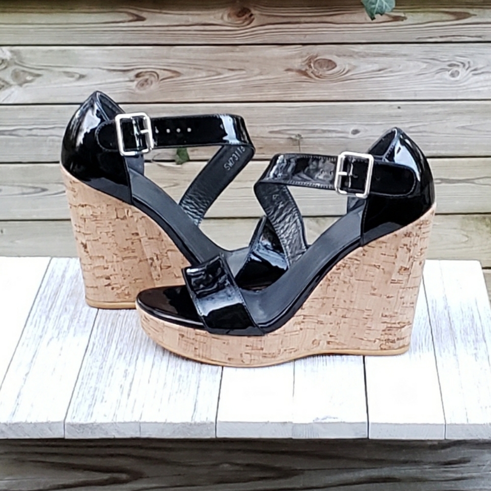 Stuart Weitzman Oneliner Cork Wedge Patent Sandals - image 6